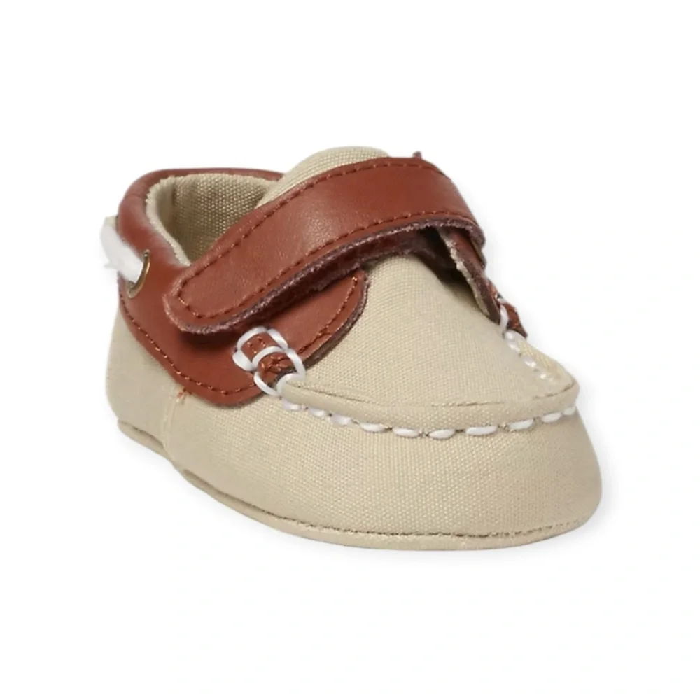 Ralph Lauren 𖦹 Sander EZ Baby Walker Boat Shoe 𖦹 Khaki Canvas Tan Leather 𖦹 2